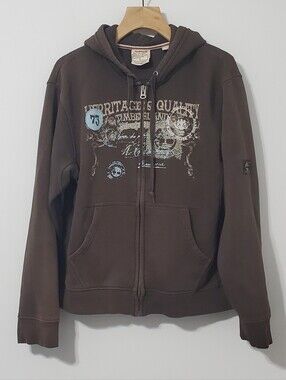 Timberland Mens Full Zip Hoodie Brown Chest Graphic Size Large
